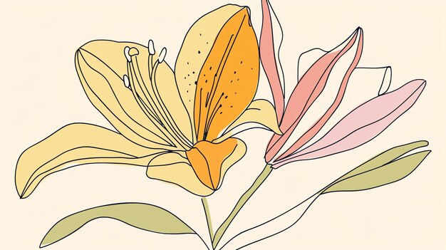 Este é um belo desenho de uma flor de lírio. As pétalas são de cor amarelo cremoso suave com um centro laranja profundo.