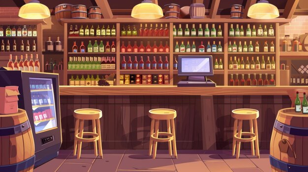 Foto este é um desenho animado de design interior de uma loja de vinho mostrando garrafas de álcool em prateleiras barris de madeira vintage com torneiras cadeiras uma caixa registadora e uma tela de computador na mesa em um shopping