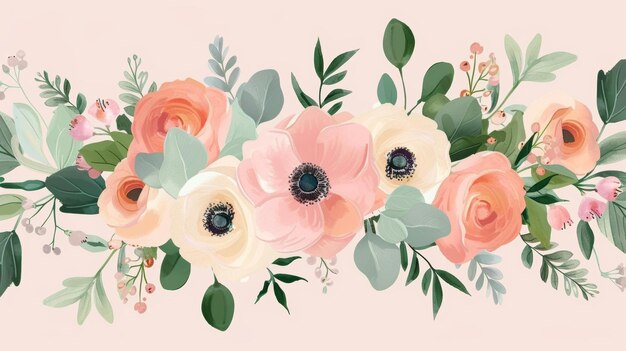 Este é um design moderno para um cartão floral com flor de jardim As cores das flores são lavanda rosa pêssego branco anémona cera eucalipto tomilho folhas elegantes vegetação bagas floresta