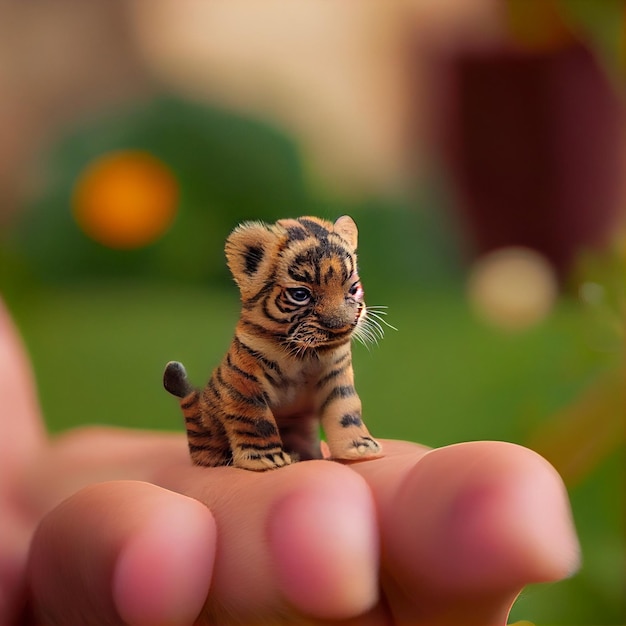 Este é um mini tigre fofo do tamanho de um polegar com uma IA generativa embaçada