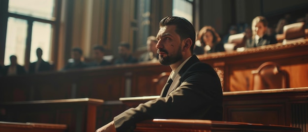 Foto este é um retrato de um carismático advogado público apresentando seu caso a um juiz e júri fazendo um discurso comovente e apaixonado