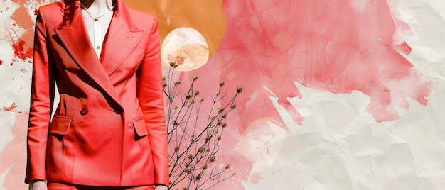 Foto este fato cor-de-rosa brilhante de estilo cômico está pronto para o novo dia design moderno colagem de arte contemporânea ideia de inspiração conceito de estilo de revista urbana de moda espaço negativo para anúncio ou texto
