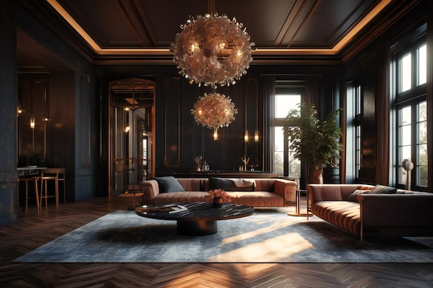 Este glamouroso design interior de estilo moderno oferece uma atmosfera luxuosa e refinada para uma fuga relaxante