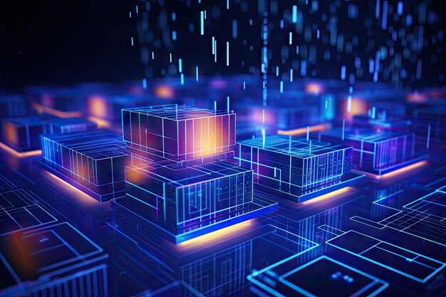 Este gráfico em movimento mostra o conceito abstrato de tecnologia e big data. Representa visualmente um data center com fluxo de dados, enfatizando a transferência e armazenamento de grandes quantidades de informações