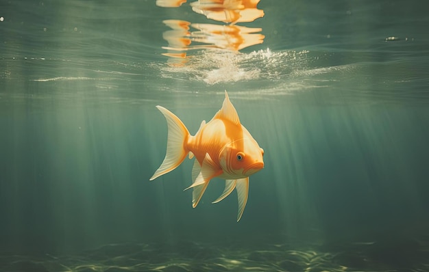 este peixe-dourado nada na água usando uma impressão de barbatana de tubarão no estilo de fotoilustração