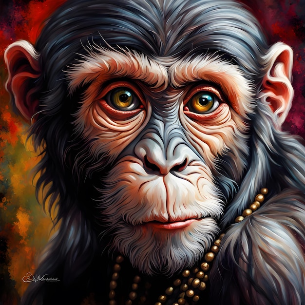 Este retrato de macaco em close-up tem um estilo barroco. O macaco é mostrado de perto com seu featu