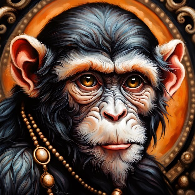 Este retrato de macaco em close-up tem um estilo barroco. O macaco é mostrado de perto com seu featu