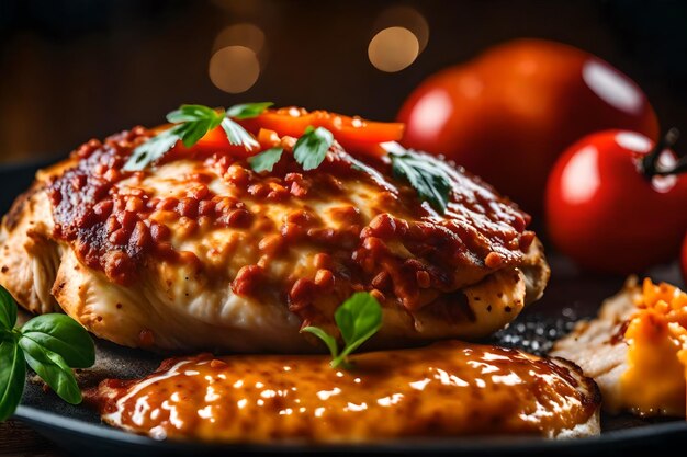 Este texto está falando sobre uma imagem de frango Parmesan A imagem mostra uma visão em close do prato com um belo fundo desfocado AI gerado
