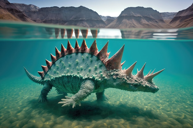 Estegossauro nadando em lago cristalino