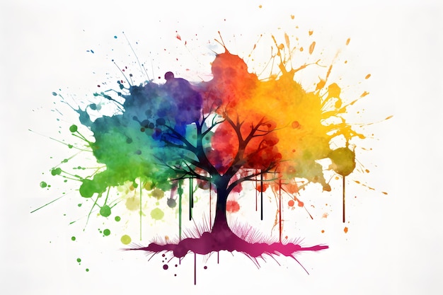 Estênceis coloridos de árvores de estilo surrealista com salpicos de tinta aquarela IA generativa