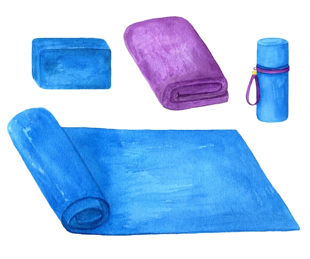 Estera de yoga botella de agua toalla y otras herramientas de fitness y deportes de interior acuarela ilustraciones dibujadas a mano de varios equipos de gimnasio y yoga aislados sobre fondo blanco