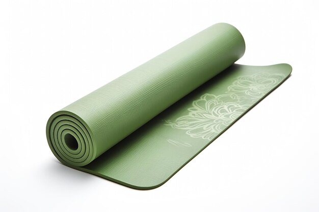 Foto estera de yoga medio enrollada verde aislada sobre un fondo blanco
