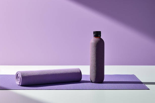 Una esterilla de yoga minimalista con botella de agua y toalla