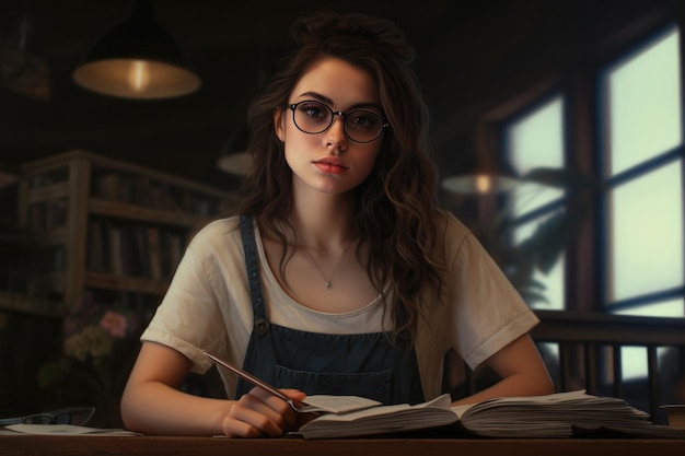 Estética de una biblioteca: una chica con gafas encantadoramente nerd absorta en un libro en medio del ambiente sereno de la biblioteca.