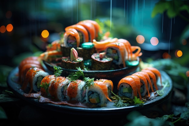 La estética de la cocina japonesa Sushi Arroz con condimento de vinagre Varios mariscos Delicotts Comida sabrosa Aderezos y especias Sashimi Rolls Ramen Poke