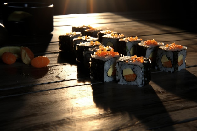 La estética de la cocina japonesa Sushi Arroz con condimento de vinagre Varios mariscos Delicotts Comida sabrosa Aderezos y especias Sashimi Rolls Ramen Poke