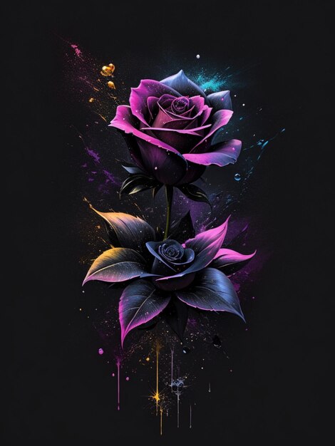 Estética de diseño de camiseta de arte de salpicaduras de flor de rosa de estrella negra brillante