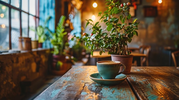 Foto estética estudio interior de la cafetería con una taza de café y una planta