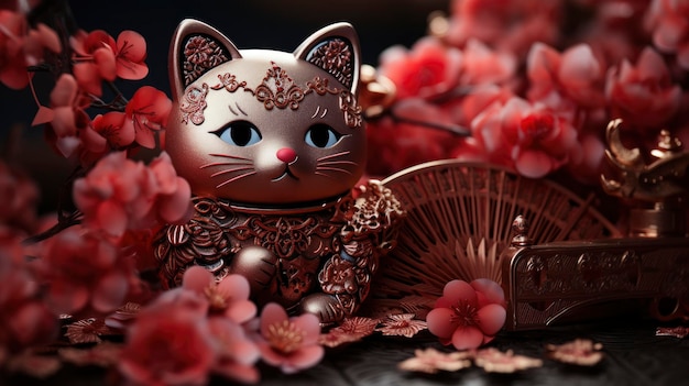 Estética japonesa con ventiladores rojos Gato afortunado Feliz año nuevo Fondo de fondo Hd
