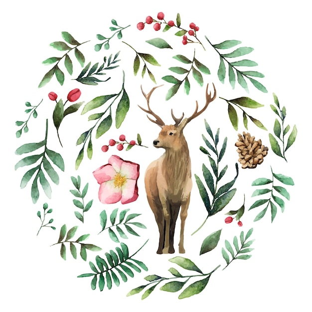 Estética navideña reno pegatina png acuarela animal ilustración botánica en fondo transparente