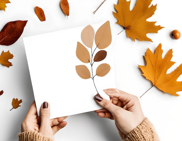 Estética neutral con la mano sosteniendo una tarjeta en blanco con tema de otoño