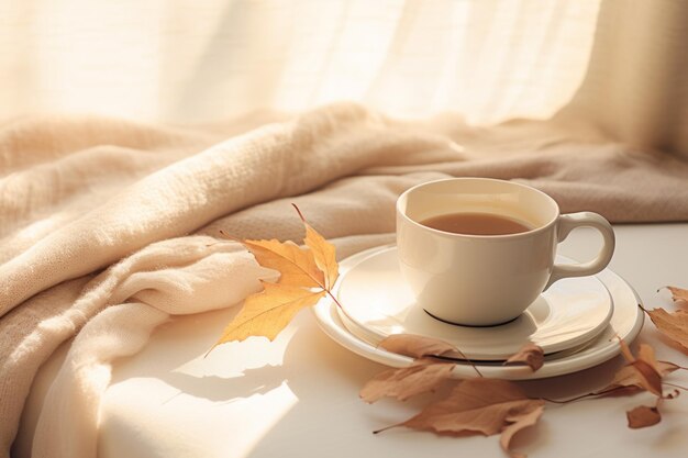 Estética pastel otoño naturaleza muerta libros de café caliente y suéteres acogedores en un entorno sereno de otoño