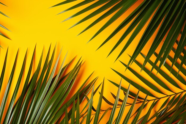 Foto estética soleada hojas de palma tropicales sobre un fondo amarillo vibrante