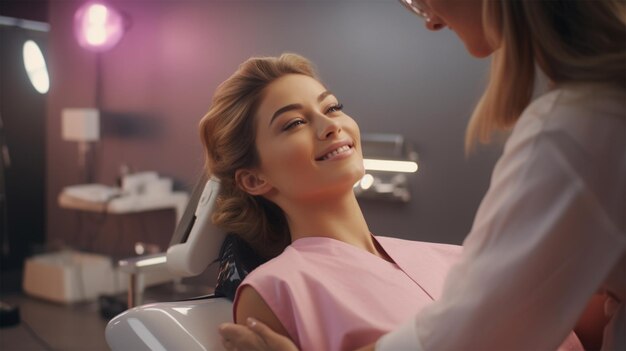 Esteticista con cliente femenino en el salón para spa de paquete de cabello