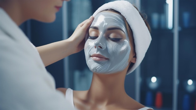 Esteticista com cliente do sexo feminino no salão uma máscara facial em um spa