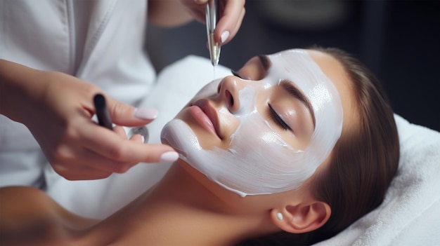 Esteticista com pincel aplica uma máscara hidratante branca no rosto de uma jovem cliente