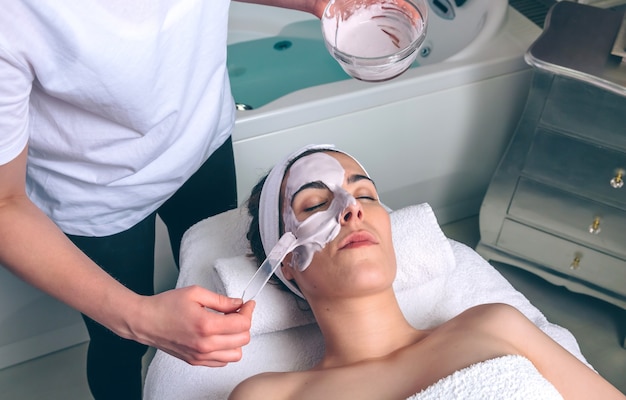 Esteticista feminina, aplicando máscara facial de argila em uma jovem mulher deitada com os olhos fechados no spa. conceito de medicina, saúde e beleza.