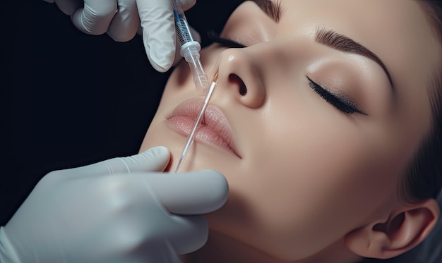 Foto esteticista hábil mejora las características faciales de la mujer con contorneos creando utilizando herramientas de ia generativas