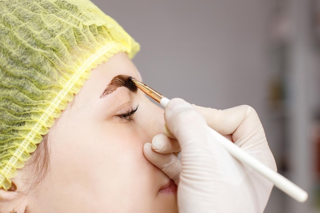 Esteticista haciendo primer plano para colorear cejas