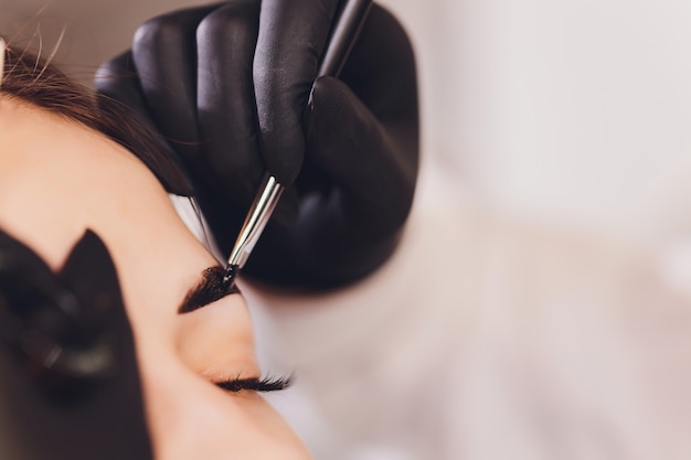 Esteticista: el maquillador aplica henna de pintura en cejas previamente depiladas, de diseño y recortadas en un salón de belleza en la corrección de la sesión. Cuidado profesional para la cara.