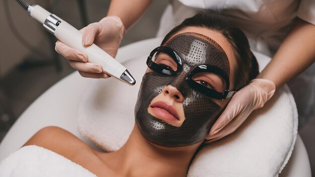 Foto esteticista sosteniendo láser de belleza cerca de la cara de la mujer cubierta con máscara de carbono y gafas de protección sp