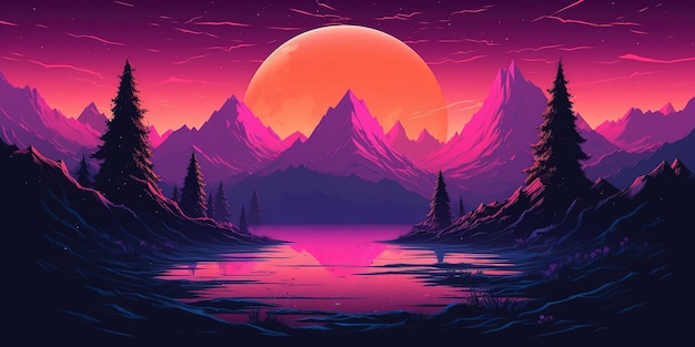 Estético fondo de pantalla retrowave synthwave de montaña con un diseño de neón fresco y vibrante