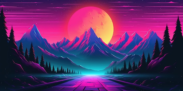 Estético fondo de pantalla retrowave synthwave de montaña con un diseño de neón fresco y vibrante