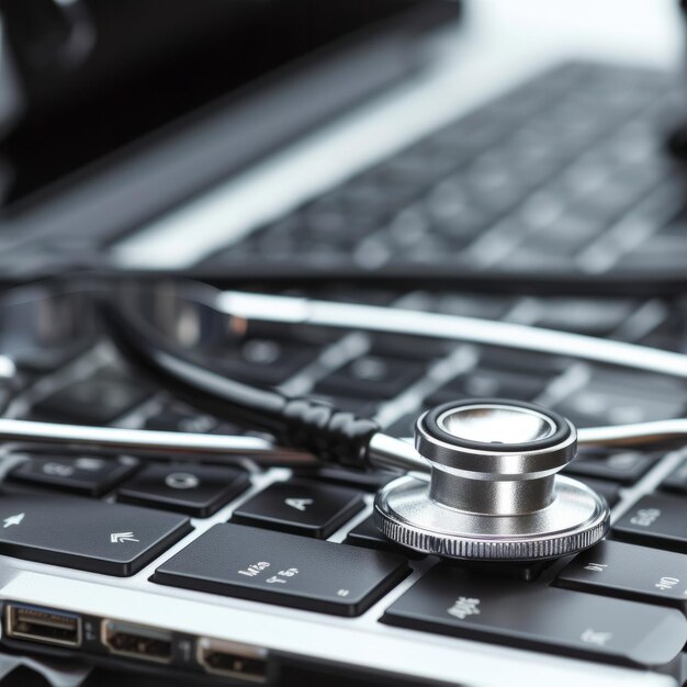 Foto un estetoscopio se apoya en un teclado de portátil