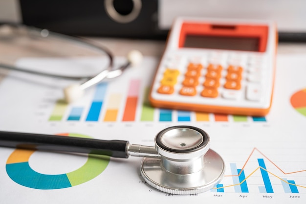 Estetoscópio com calculadora em gráficos e papel de gráficos Finanças Conta Estatísticas Investimento Economia de dados de pesquisa analítica e conceito de empresa de negócios