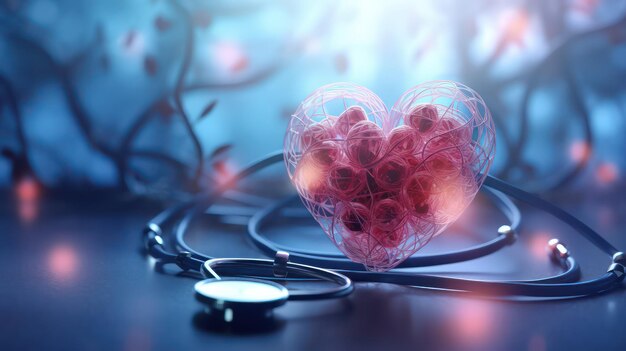 Estetoscopio y corazón en fondo azul Concepto de cardiología