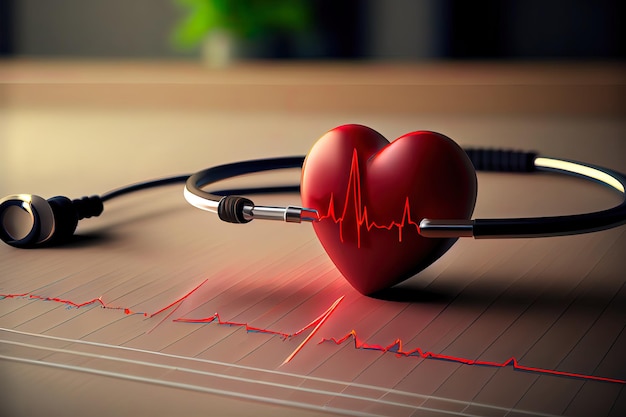 Estetoscopio corazón rojo y cardiograma en la mesa Concepto de cardiología Ai generativo
