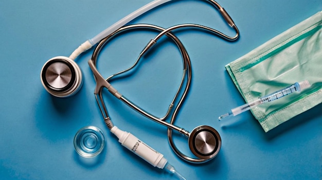 Estetoscópio de conscientização nacional sobre imunização, seringa e máscara médica dispostos sobre um fundo azul