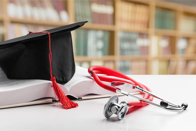 Foto estetoscópio e chapéu de pós-graduação