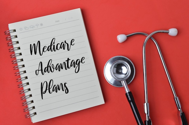 Estetoscópio e notebook escritos com MEDICARE ADVANTAGE PLANS