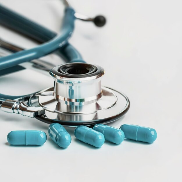 Estetoscópio e pílulas de cápsula azul-branca na mesa do médico ou na mesa da enfermeira Exame de saúde