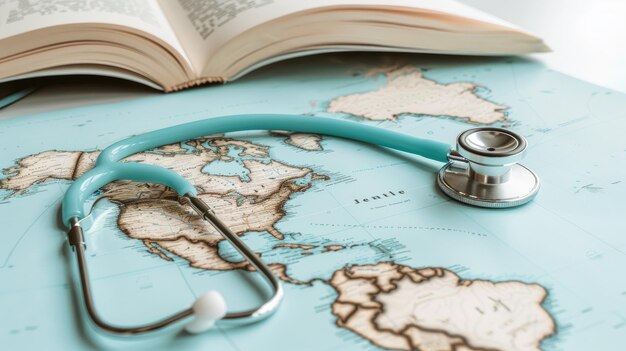 El estetoscopio se encuentra en el mapa del mundo cerca del libro Banner para el Día Mundial de la Salud Día de los Médicos