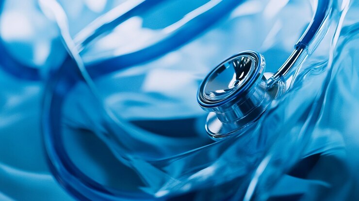 Estetoscopio entrelazado con tubos médicos sobre un fondo azul
