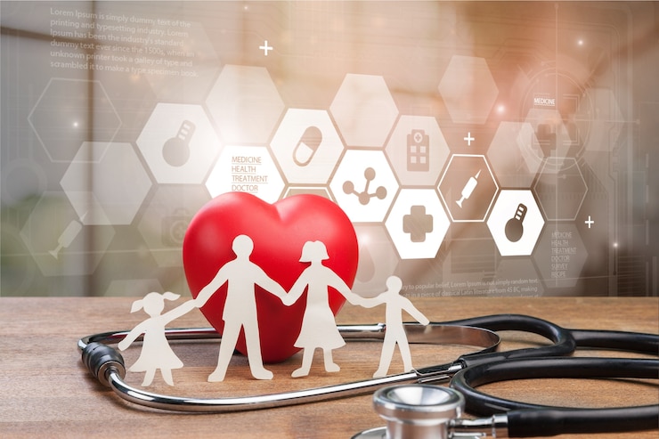Foto estetoscopio médico con corazón y familia de papel aislado sobre fondo