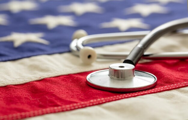 Estetoscopio médico de la salud de los Estados Unidos en una vista de cerca de la bandera de los EE.UU.