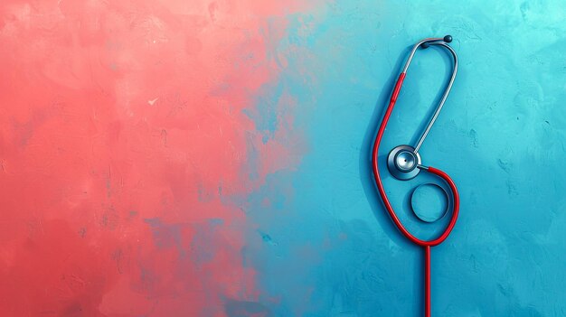 un estetoscopio rojo y azul está sentado en una superficie azul y rosa